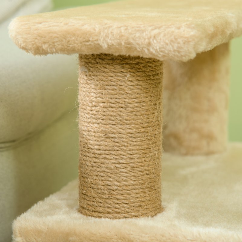 PawHut Dog Steps for Bed, 4 Step Pet Stairs with Cat House, Detachable Cover, Jute Scratching Post, Cat Climb ladder for Sofa w/ Hanging Balls - Beige