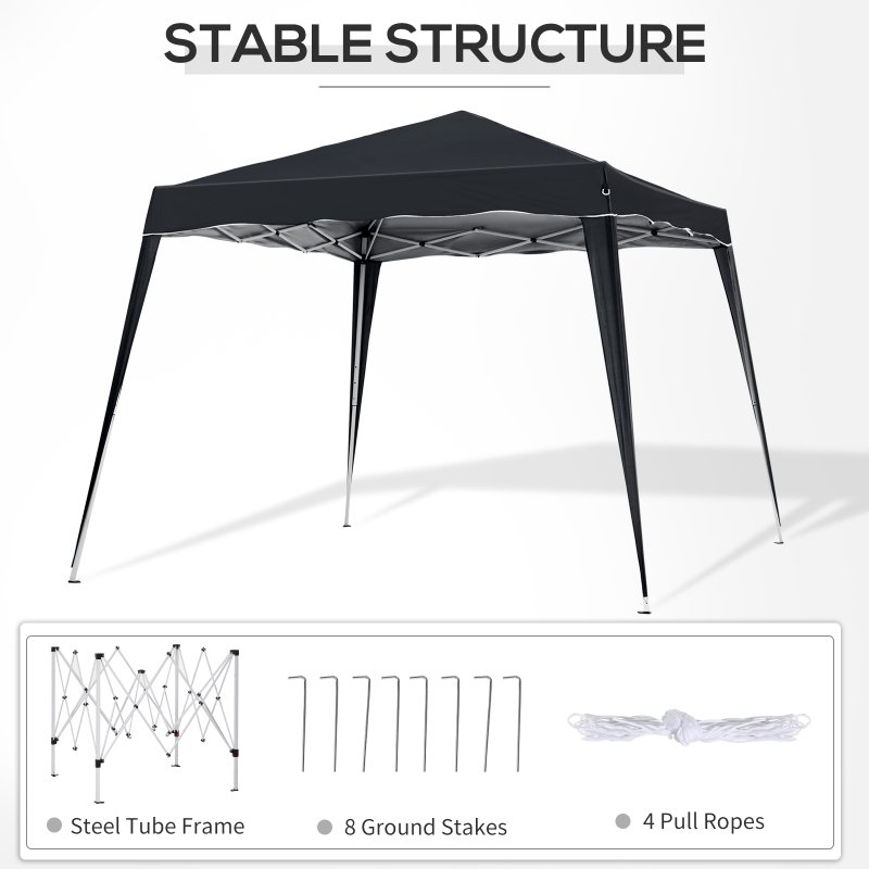 Outsunny 3 M x 3 M Base/ 2.5 M x 2.5 M Top Pop Up Gazebo, 2 Person Setup Instant with Carry Bag, Height Adjustable Slant Leg Party Tent Instant Event Shelter for Garden, Patio, Black
