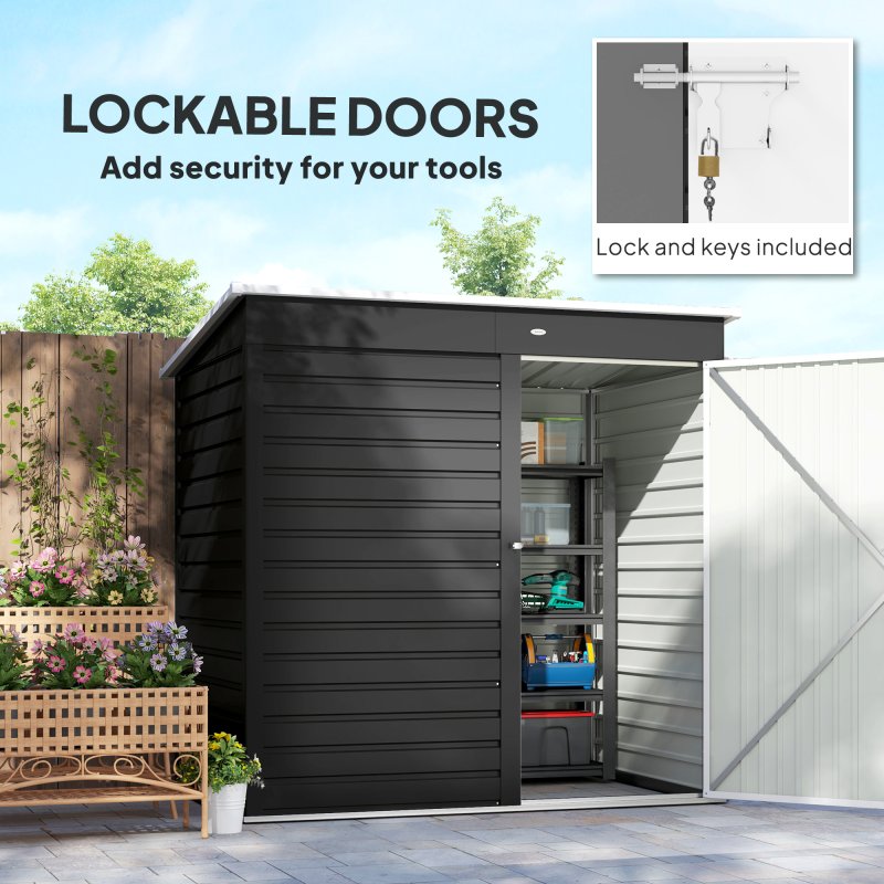 Outsunny 6 x 4ft Metal Garden Shed, Easy to Assemble, Galvanised Steel Shed with Lockable Door and Gloves, Outdoor Tool Storage Shed for Garden, Patio, Dark Grey