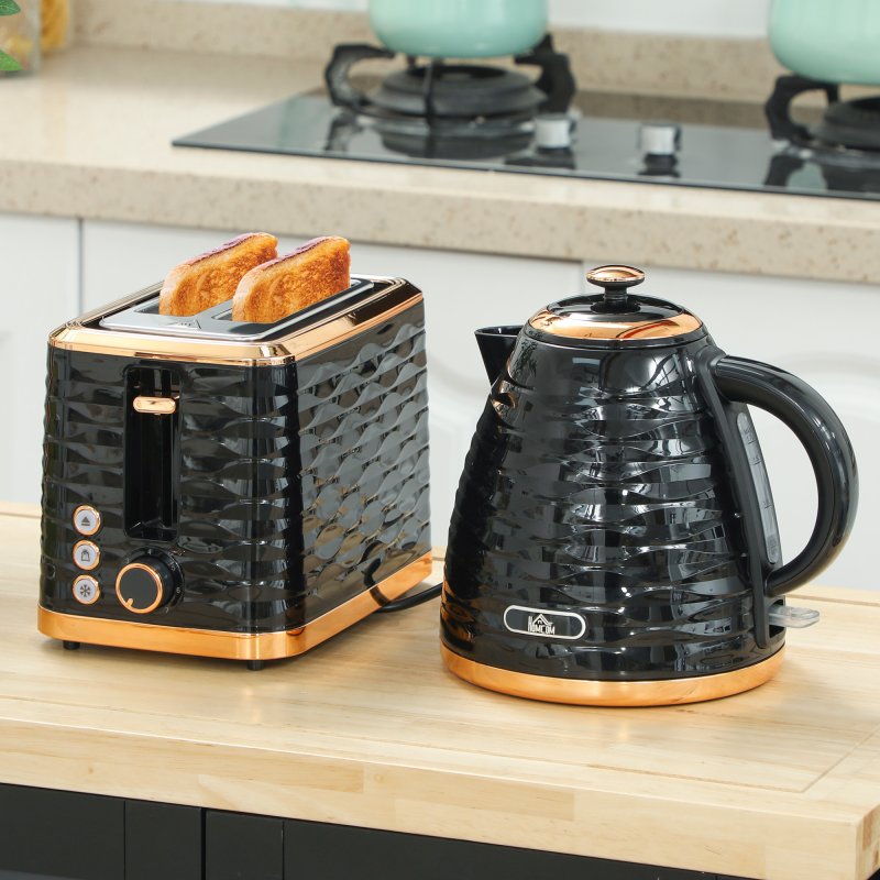 HOMCOM Kettle and Toaster Sets, 3000W 1.7L Rapid Boil Kettle & 2 Slice Toaster with 7 Browning Controls, Defrost, Reheat and Crumb Tray, UK Otter thermostat, Black