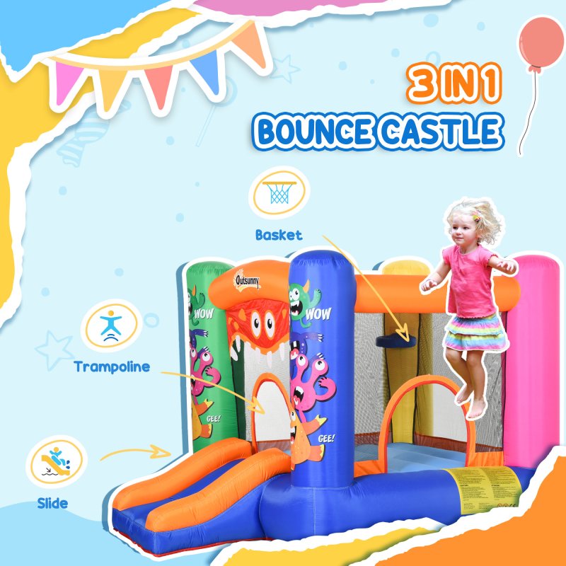 Outsunny 3-in-1 Kids Bouncy Castle with Slide Trampoline Basket, Inflatable Bounce House with Blower for Kids Age 3-8 Monster Design 2.5 x 1.8 x 1.75m