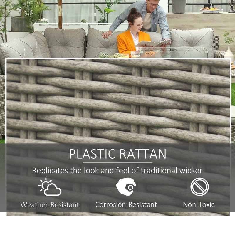 Outsunny Rattan Garden Furniture with Fire Pit and Waterproof Cover, 8 Seater Garden Corner Sofa Set with 11.8 KW Fire Pit Table, Ottomans and Olefin Cushions, Outdoor Conservatory Furniture, Grey