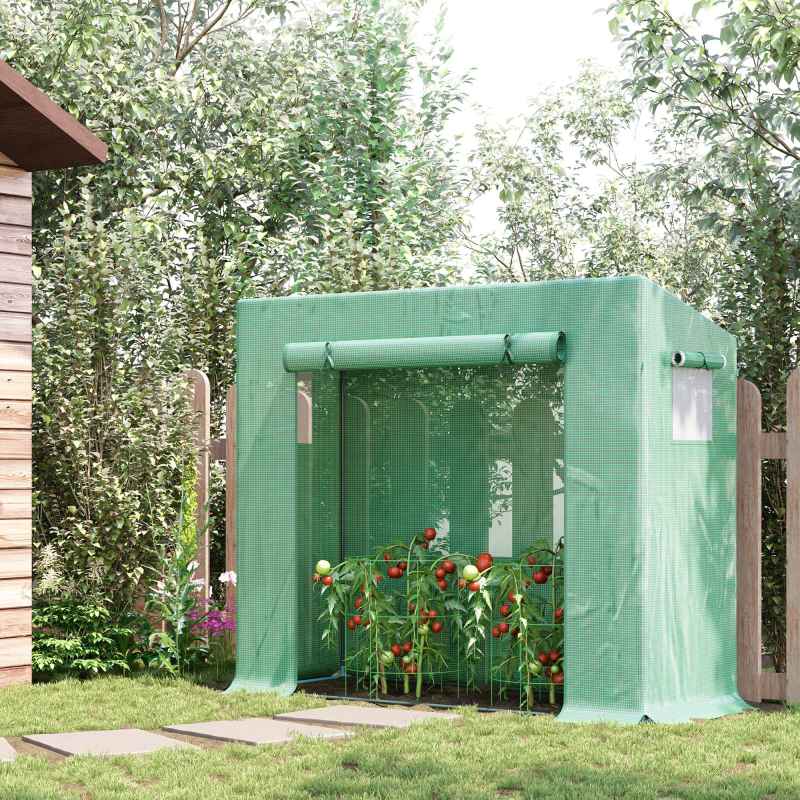 Outsunny Tomato Greenhouse Walk-in Garden Greenhouse with Pent Roof, Roll-up Door, Mesh Window for Plants Flowers Herbs Grow, 200 x 76 x 168 cm, Green