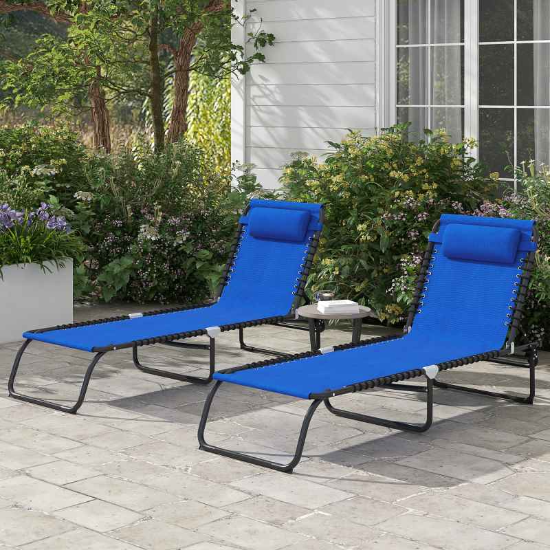 Outsunny 2 Piece Foldable Sun Loungers, Outdoor 4 Level Adjustable Backrest Reclining Chaise Chairs, Steel Frame Recliner Chair for Camping, Hiking, Navy Blue