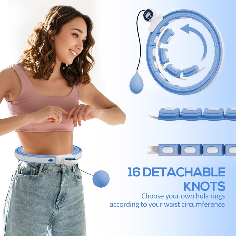 SPORTNOW Smart Weighted Hula Hoop for Adults, Hula Ring with 16 Detachable Knots, 360?? Auto-Rotating Ball and Digital Counter, Massage Hula Circle For Weight Loss, Light Blue