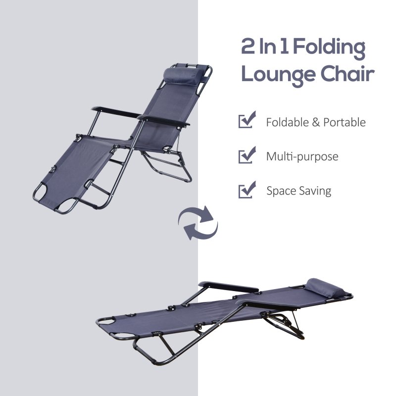 Outsunny 2 in 1 Folding Sun Lounger Reclining Garden Chair with 2-Level Adjustable Backrest, Outdoor Zero Gravity Recliner Garden Chair with Head Pillow and Armrests, Grey