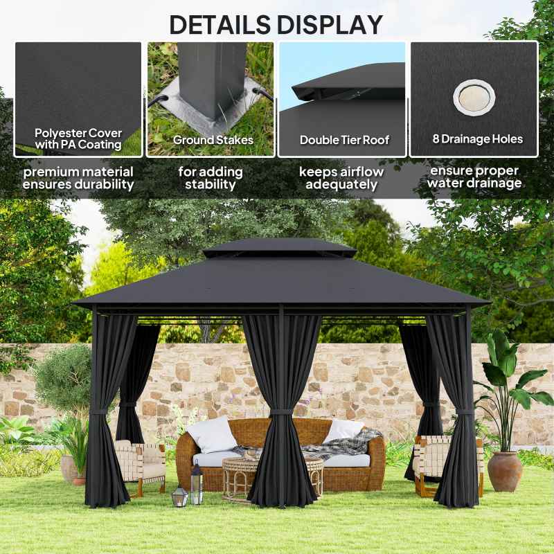Outsunny 4m x 3(m)Garden Gazebo, Double Roof Outdoor Gazebo Canopy Shelter with Curtains, Solid Steel Frame for Patio, Garden, Black