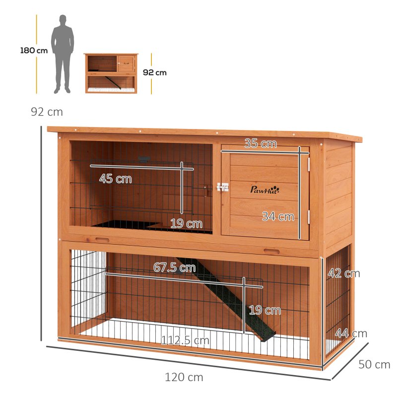 PawHut Rabbit Hutch Guinea Pig Hutch Wooden with No-Leak Tray, Asphalt Roof, Antiseptic Wood Outdoor for 1-2 Rabbits 120 x 50 x 92cm - Orange