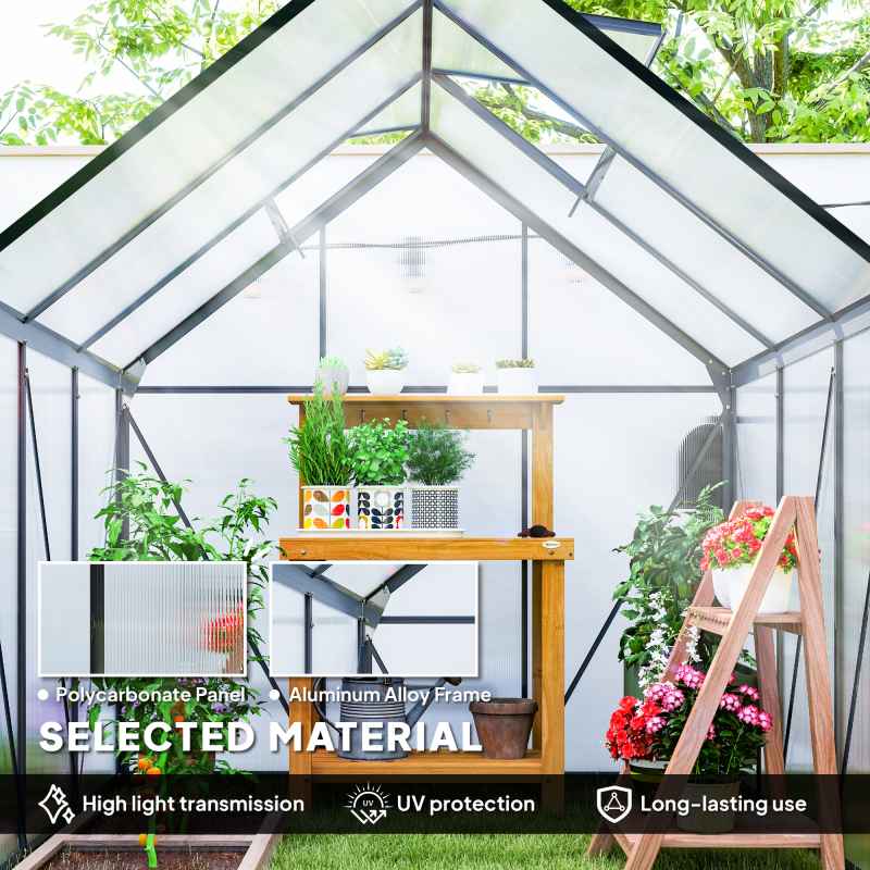 Outsunny Polycarbonate Greenhouse, Small Greenhouse with Adjustable Roof Vent, Garden Green House with Galvanised Base, Sliding Door and Rain Gutter, 190 x 190 x 200 cm, Grey
