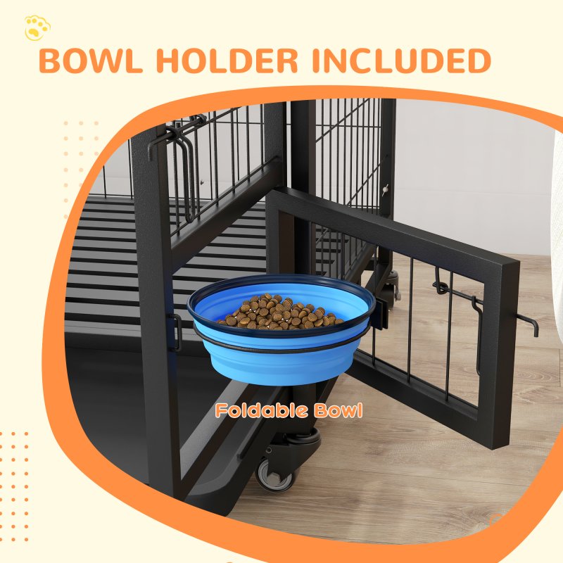 PawHut 43" Heavy Duty Dog Crate with Bowl Holder, Dog Cage on Wheels with Removable Tray, Openable Top, Detachable Door, Indoor Outdoor Use, for Large and Extra Large Dogs - Black