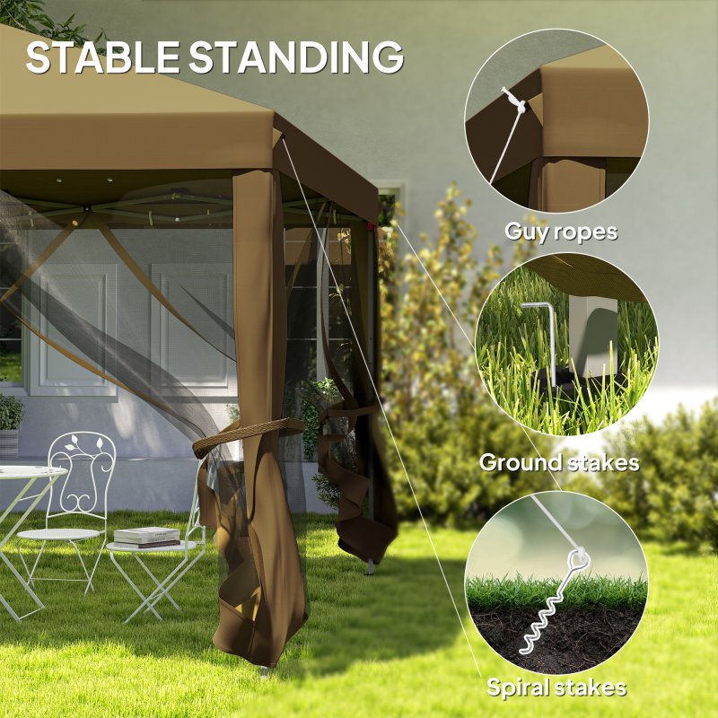 Outsunny 3 x 3m Pop Up Gazebo, 420D Garden Tent Canopy with Removable Mesh Sidewall Netting, Carry Bag for Garden Patio Outdoor, Khaki