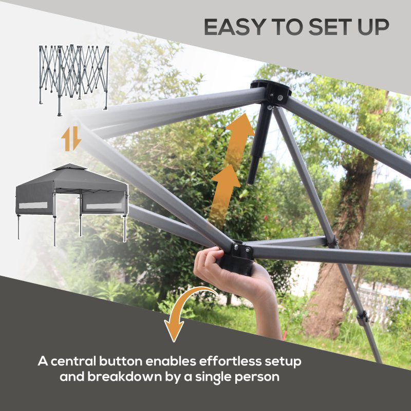 Outsunny 3 x 3(m) Pop Up Gazebo with Extend Dual Awnings, 1 Person Easy up Marquee Party Tent with 1-Button Push, Double Roof, Wheeled Bag, Sandbags, Height Adjustable Instant Shelter, Grey