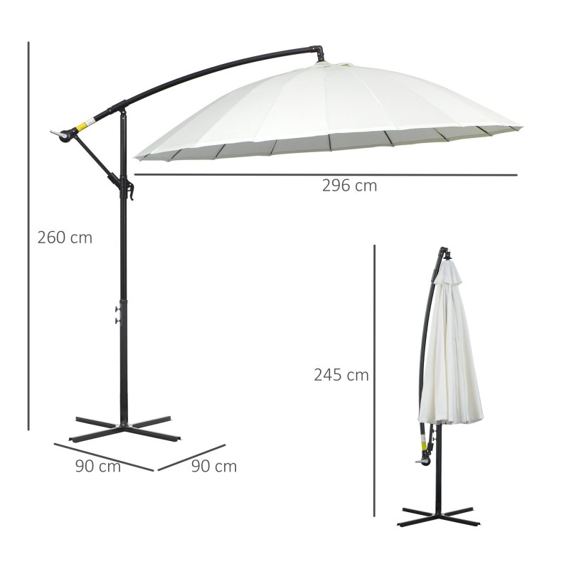 Outsunny 3(m) Cantilever Shanghai Parasol Garden Hanging Banana Sun Umbrella with Crank Handle, 18 Sturdy Ribs and Cross Base, White