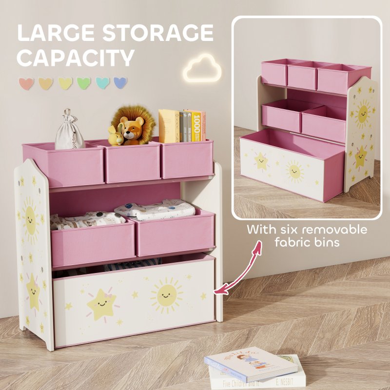 AIYAPLAY Kids Toy Storage Units, 3-Tier Toy Organiser Shelf with 6 Removable Fabric Boxes for Kids, Boys, Girls, Bedroom, Playroom, Nursery, Pink