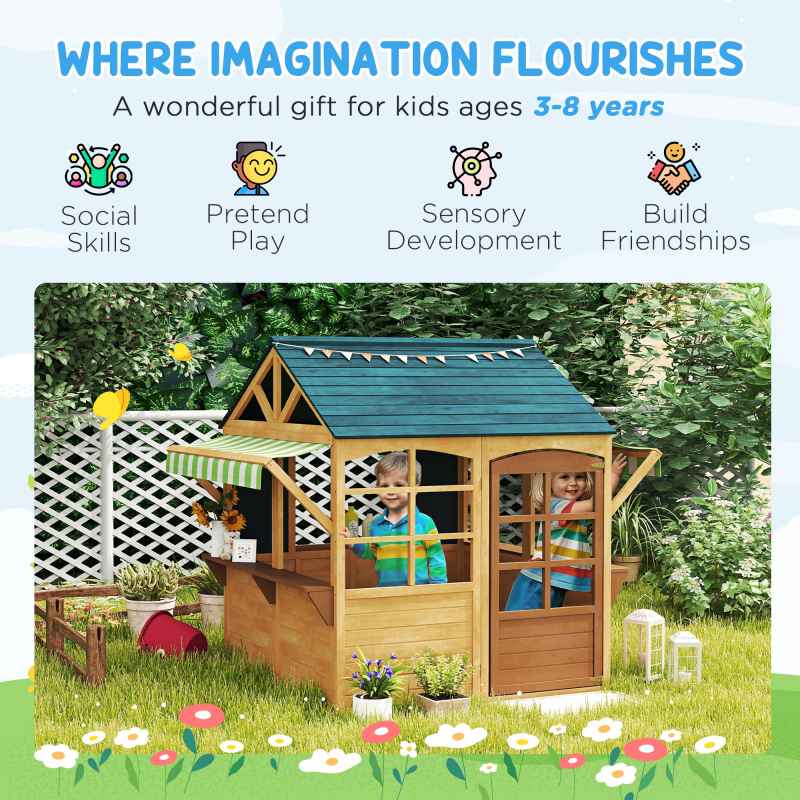 AIYAPLAY Wooden Playhouse for Kids Outdoor, Foldable Wendy House with Windows, Working Door, Service Stations, Rain Covers, Blackboards, Kids Garden Toys for 3-8 Years