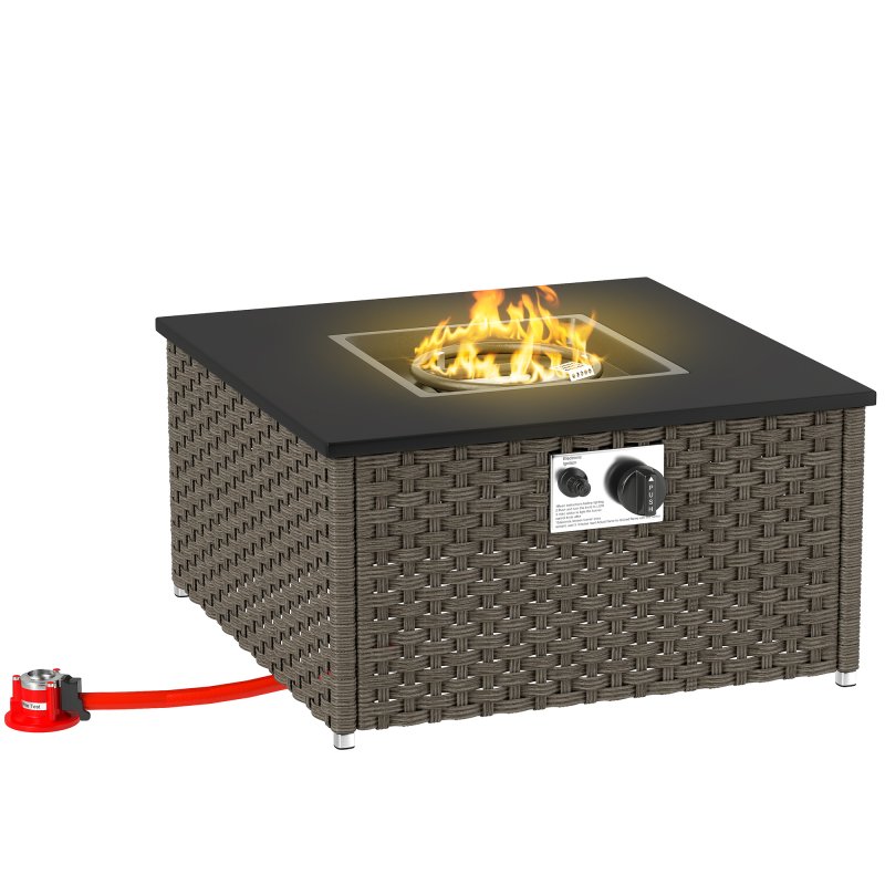 Outsunny Rattan Gas Fire Pit Table for Garden, 13 KW Smokeless Propane Fire Pit with Lid, Square Garden Coffee Table with Patio Heater for Outdoor, Patio, 58 x 58 x 33 cm, Grey