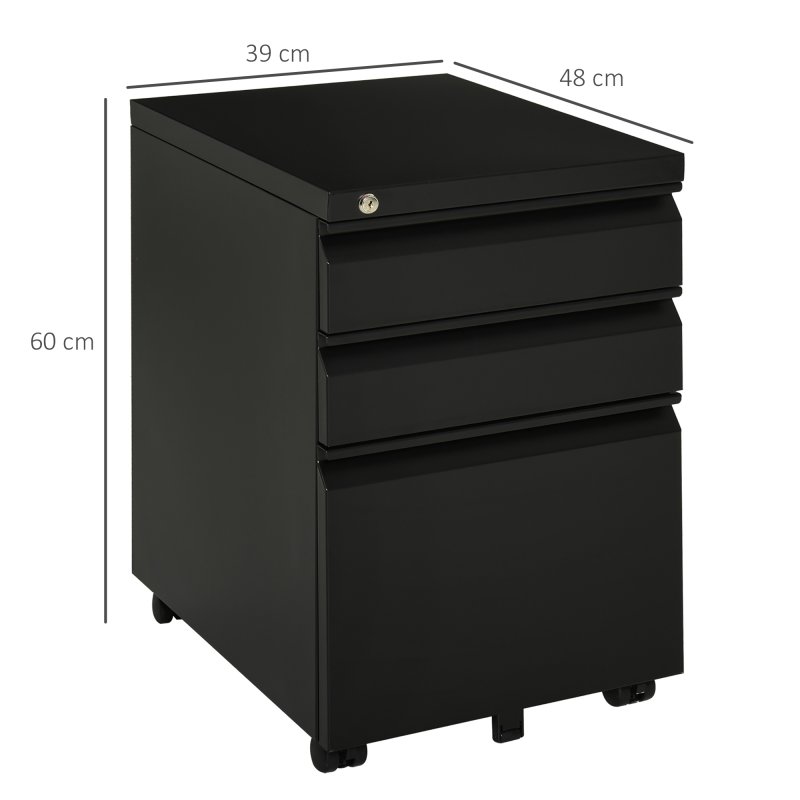 Vinsetto 3-Drawer Filing Cabinet with Lock, Mobile Steel File Cabinet for A4, Legal and Letter Size, Under Desk Drawers with Pre-Assembled Body for Home Office, 39 x 48 x 60 cm, Black