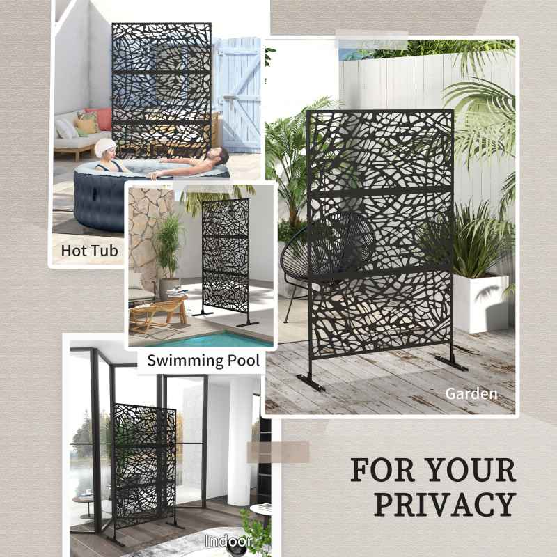 Outsunny Decorative Garden Privacy Screen with Stand, 6.5FT Freestanding Metal Outdoor Divider, Decorative Privacy Panel with Expansion Screws for Garden Pool Hot Tub, Twisted Line Style, Black