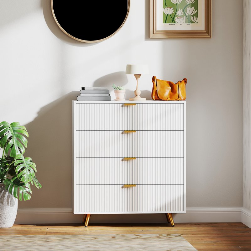 HOMCOM Bedroom Chest of Drawers with 4 Drawers, Fluted Dresser with Gold Tone Handles, Storage Cabinet for Bedroom, Living Room, Hallway, Entryway, White
