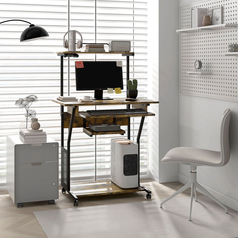 HOMCOM Mobile Computer Desk with Keyboard Tray, Rolling Study Table with Storage Shelves and Wheels, Industrial Writing Desk for Home Office, 80 x 50 x 130cm, Rustic Brown