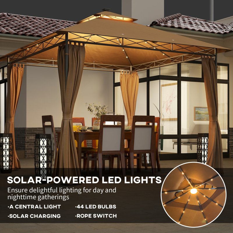 Outsunny 3 x 3 m Garden Gazebo, Double Roof Metal Gazebo with Curtains and Solar-Powered LED Lights, Outdoor Canopy Shelter for Patio, Deck, Brown