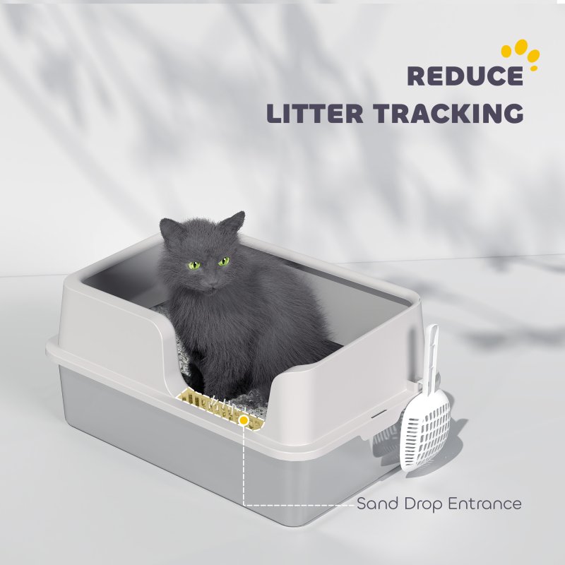 PawHut Stainless Steel Litter Box, High Sided Metal Cat Litter Tray with Detachable Rim, Scoop, Easy Cleaning, Odour-Resistant, 60 x 40 x 28 cm