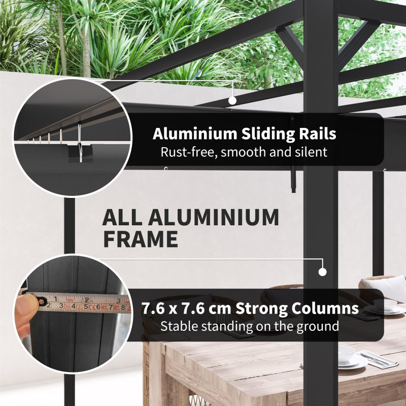 Outsunny 3 x 3(m) Garden Pergola with Retractable Roof Canopy, Aluminium Pergola Kit Gazebo with Roller Shade, UPF30+ Sun Shade Shelter for Porch, Dark Grey