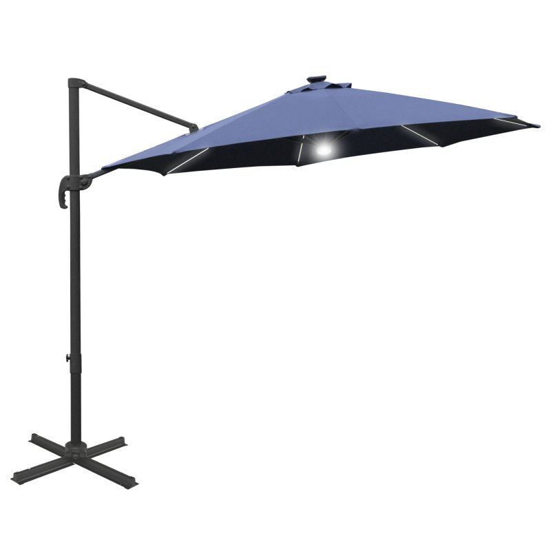 Outsunny 3(m) Cantilever Roma Parasol Garden Sun Umbrella Outdoor Patio with 360 Rotation Crank & Tilt Aluminium Frame LED Solar Light Cross Base, Blue