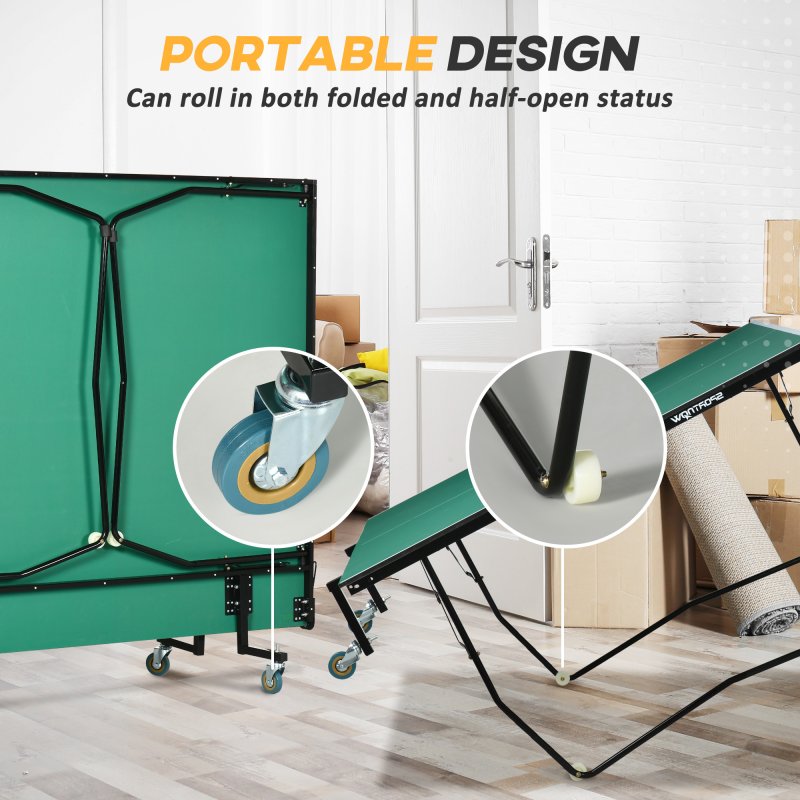 SPORTNOW 9FT Folding Table Tennis Table, Portable Full-Size Ping Pong Table w/ 8 Wheels, 2 Bats, 3 Balls, Quick Set-Up Indoor Game Table - Green