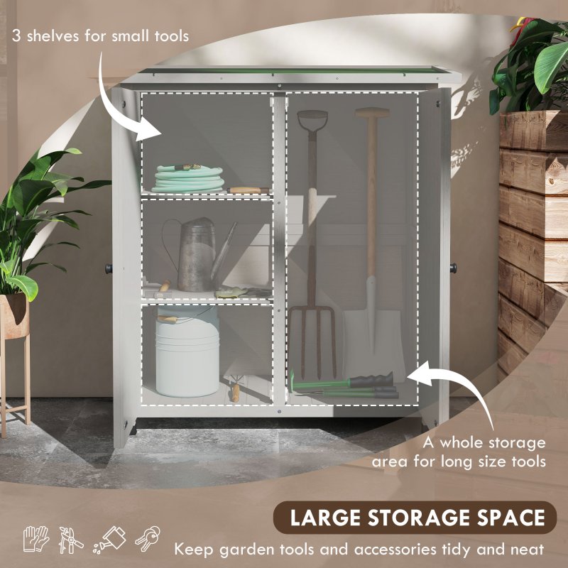 Outsunny Wooden Garden Storage Shed, Tool Cabinet Organiser with Shelves and Double Door, 110 x 55 x117cm, Light Grey