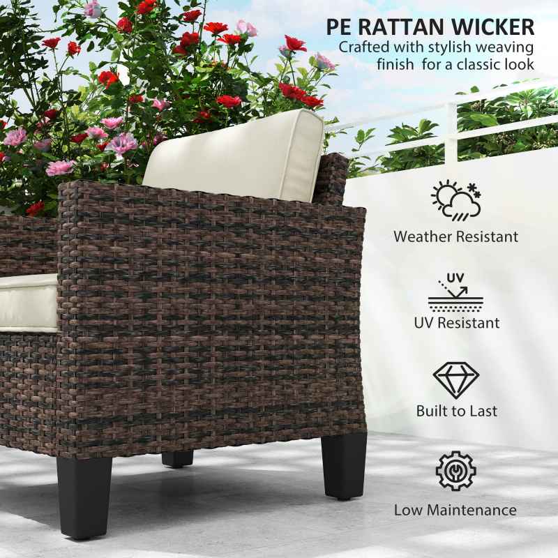 Outsunny Single Seater Rattan Garden Armchair, PE Wicker Rattan Chair with Armrests and Cushions, Garden Chair with Galvanised Steel Frame for Conservatory, Porch, Brown