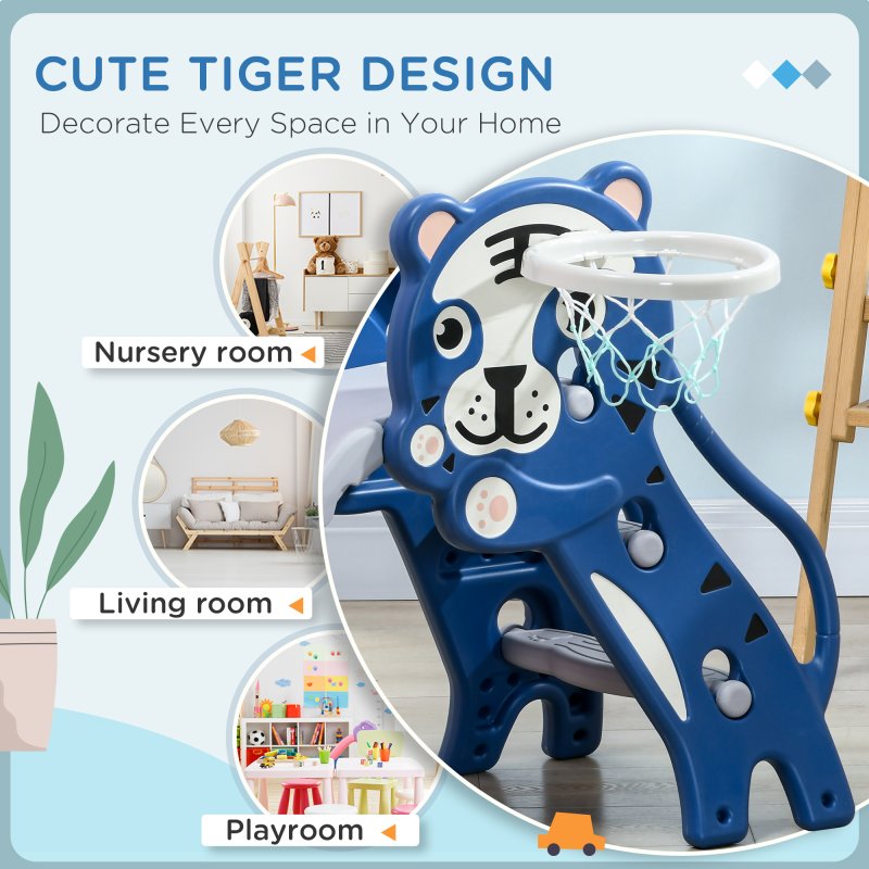 AIYAPLAY Kids Slide 3 in 1 Freestanding Toddler Slide with Climber, Basketball Hoop, Basketball, Tiger-Themed for Ages 18-36 Months - Blue