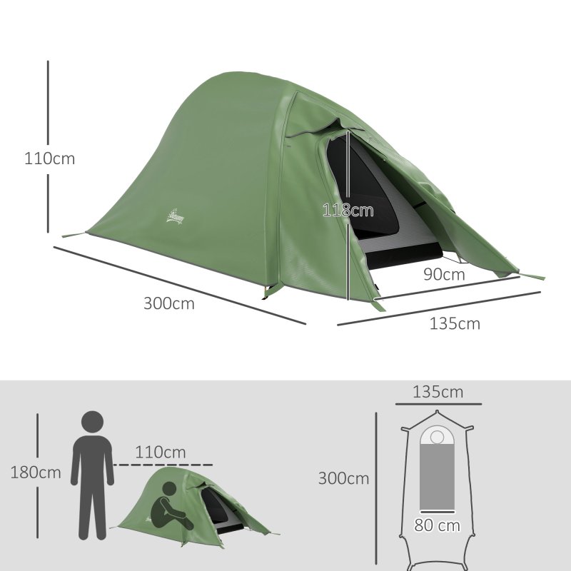 Outsunny 1-2 Man Camping Tent, Double Layer Dome Tent with 2000mm Waterproof Rainfly and Carry Bag, Lightweight for Fishing, Travel, Hiking, Sports, Festival, Green