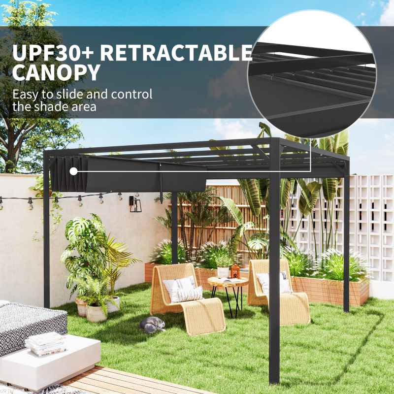 Outsunny 3 x 3(m) Garden Pergola with Retractable Roof Canopy, Aluminium Pergola Kit Gazebo with Roller Shade, UPF30+ Sun Shade Shelter for Porch, Dark Grey