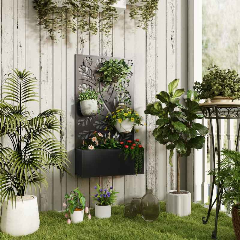 Outsunny Metal Garden Bed with Trellis, Wall Mounted or Freestanding Raised Planter with Privacy Panel, Twig and Leaf Cut-out Privacy Screen with Planter Box for Climbing Plants, Flowers, Vegetables