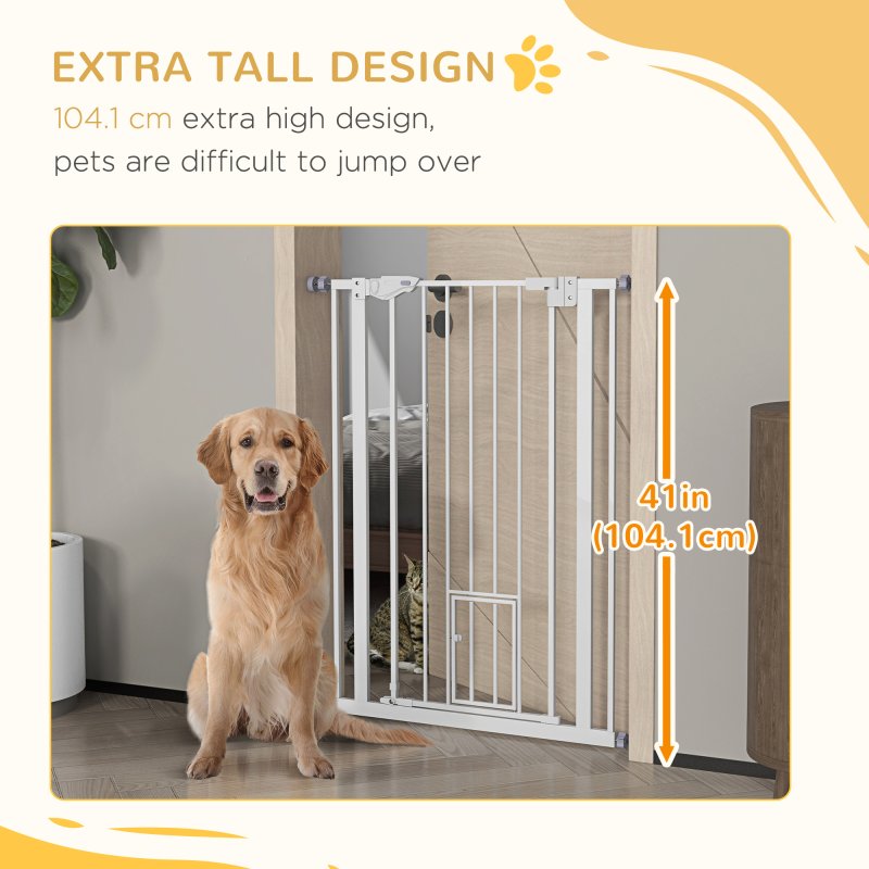 PawHut Extra Tall Dog Gate with Cat Flap, Pet Safety Gate for Doorways Stairs with Auto Close Double Locking, 104 cm Tall 74-80 cm Wide, White