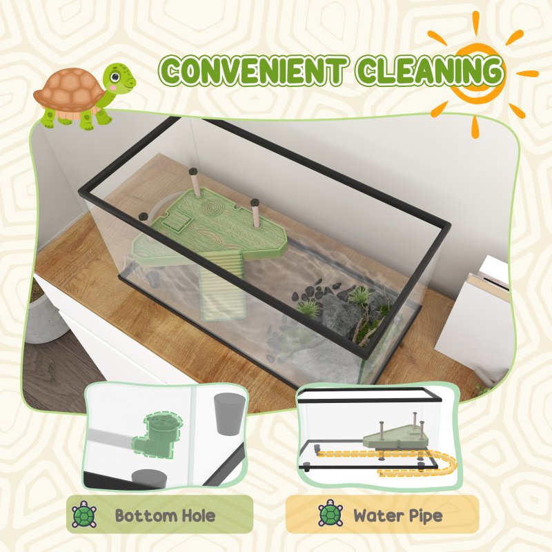 PawHut Turtle Tank, 50L Glass Turtle Aquarium with Basking Platform, Ramp, Easy Drainage, Strip Patch Thermometer, for Small Turtles, 60 x 30 x 32cm