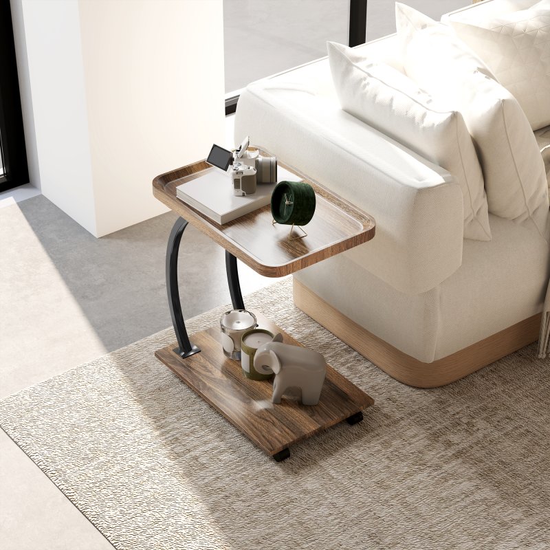 HOMCOM C Shaped Side Table with Storage, Mobile 2-Tier Bedside Table with Tray Top, Wheels, Steel Frame for Living Room, Bedroom, Brown