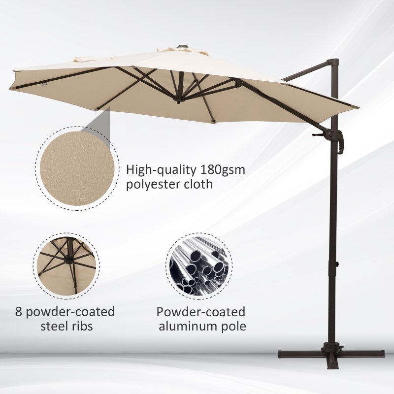 Outsunny 3M Cantilever Parasol, Hanging Garden Umbrella Sun Shade with 360 Rotation, Aluminium Frame, Cross Base, Hand Crank, Beige