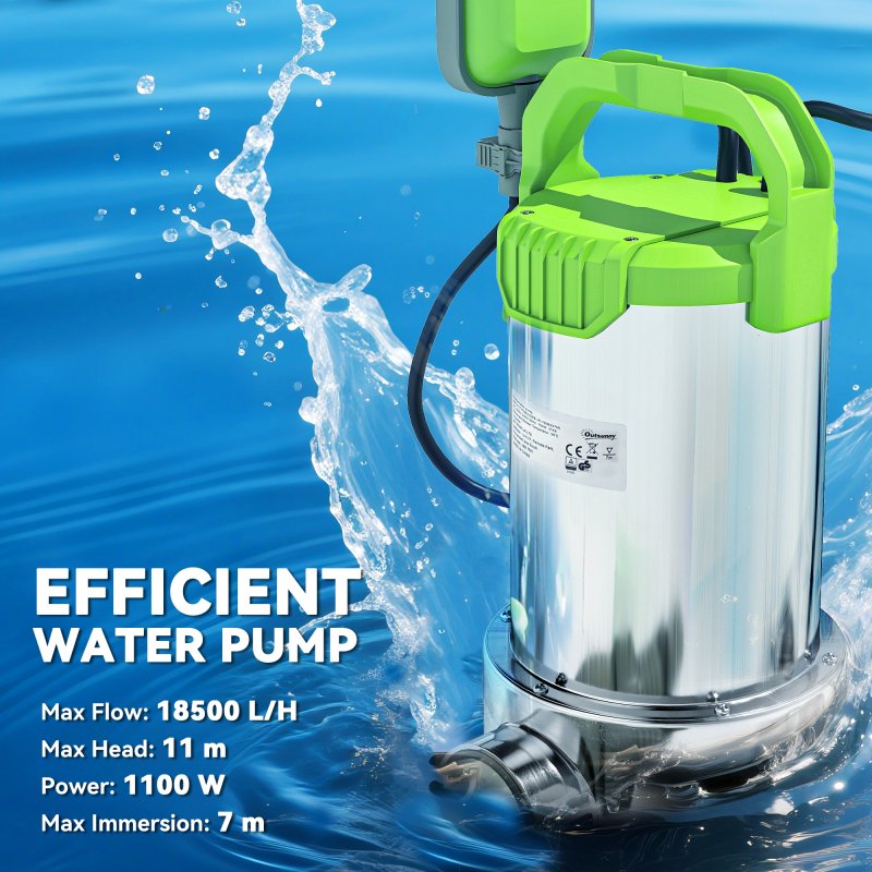 Outsunny 1100W Submersible Water Pump for Dirty/Clean Water, 18500L/H Electric Sump Pump with Float Switch, Drain Water from Garden Pond, Hot Tub, Ditches, Portable and Lightweight, Green