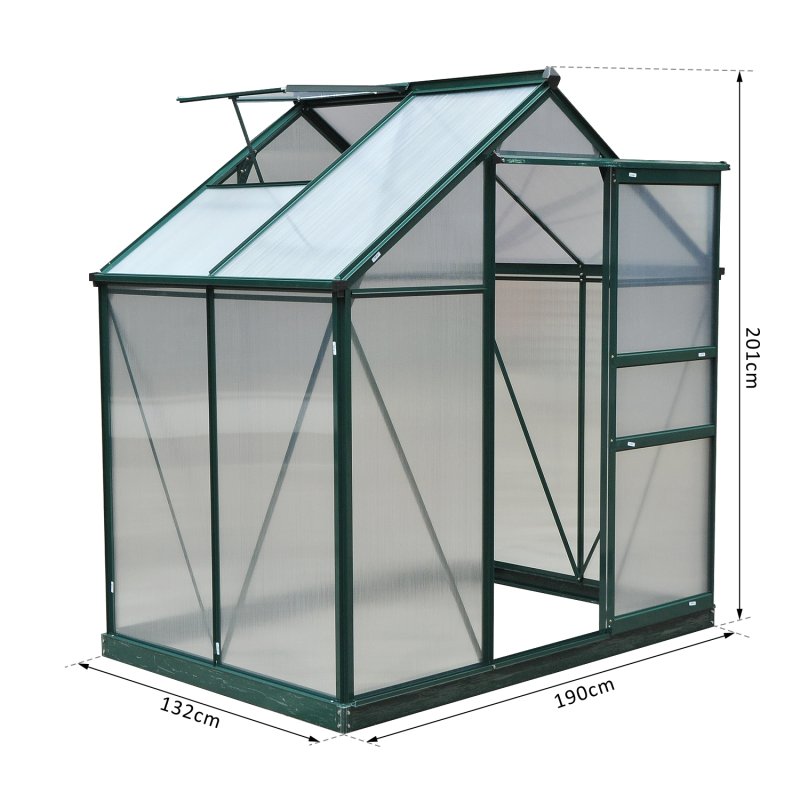 Outsunny 6 x 4ft Polycarbonate Greenhouse, Large Walk-In Green House with Slide Door and Window, Garden Plants Grow House with Aluminium Frame and Foundation, Dark Green