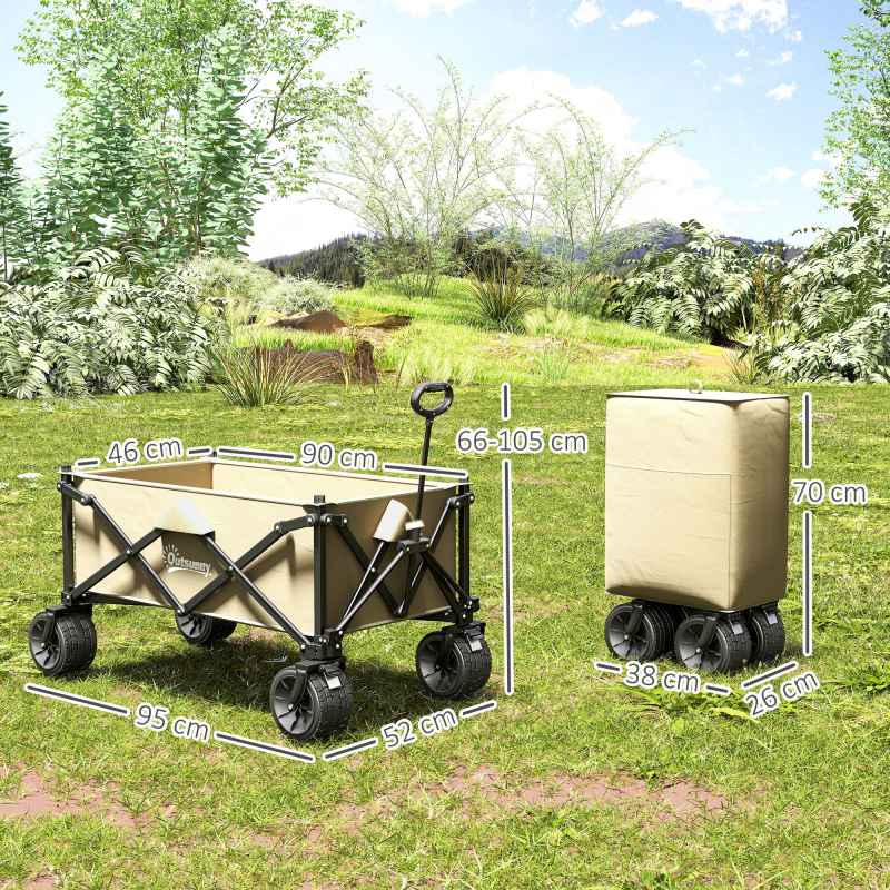 Outsunny 110L Festival Trolley on Wheels, Folding Camping Trolley Cart with Telescopic Handle, Carry Bag and All-Terrain Big Wheels, for Garden, Beach, Fishing, Black, Khaki