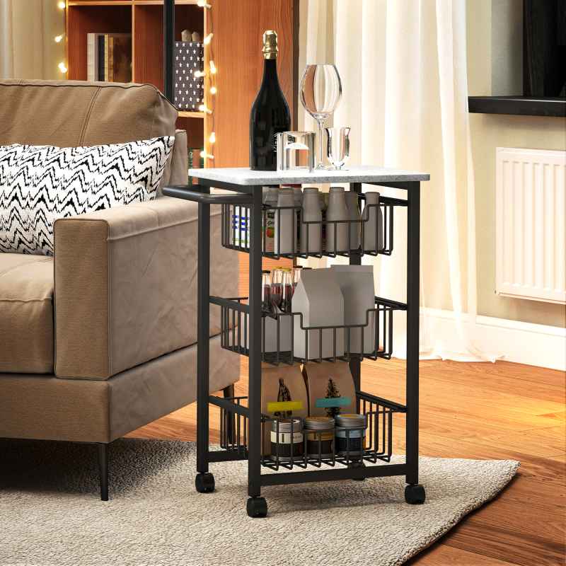 HOMCOM 3-Tier Kitchen Island on Wheels, Rolling Kitchen Storage Trolley with 3 Pull-Out Mesh Baskets, Mobile Utility Serving Cart, Light Grey