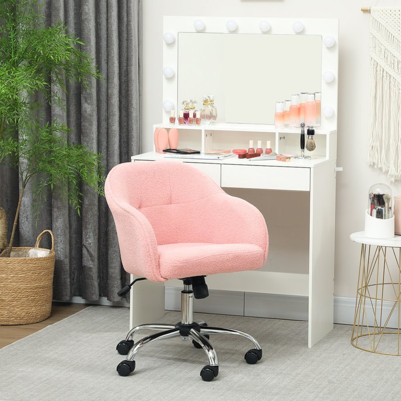 HOMCOM Office Chair, Teddy Fleece Swivel Computer Desk Chair, Makeup Vanity Seat with Adjustable Height for Home Study Bedroom, Pink