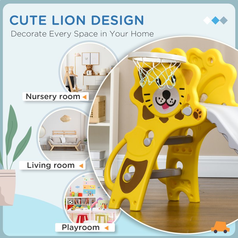 AIYAPLAY Kids Slide 3 in 1 Freestanding Toddler Slide with Climber, Basketball Hoop, Basketball, Lion-Themed for Ages 18-36 Months - Yellow