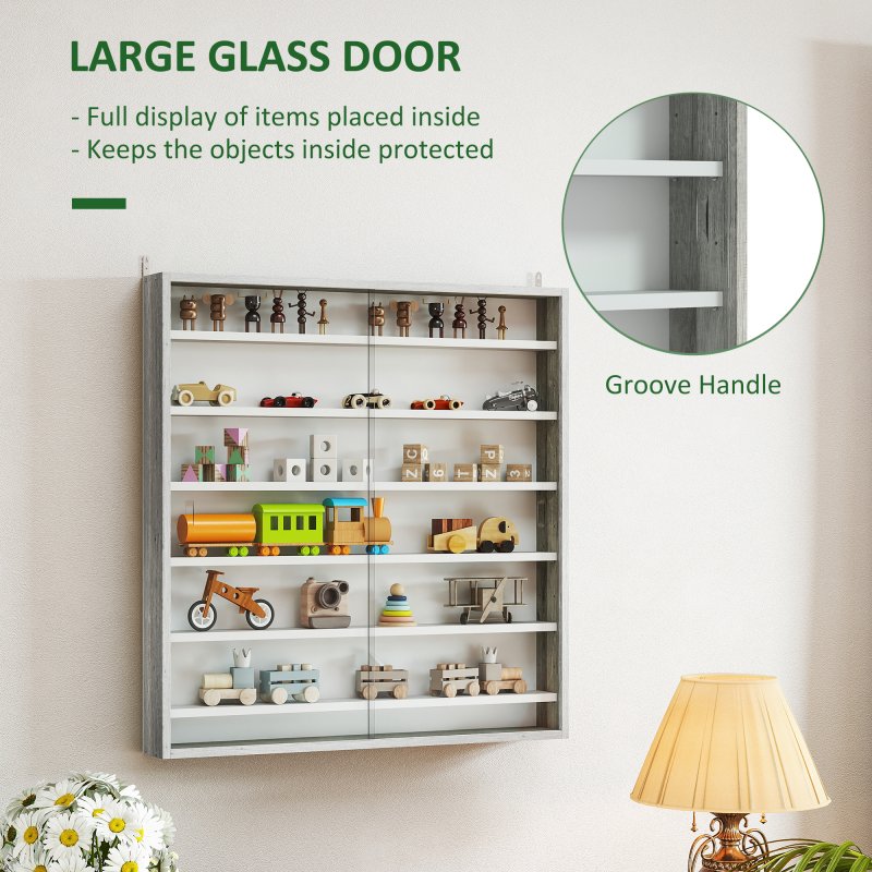 HOMCOM 7-Tier Wall Mounted Display Cabinet, Display Case with 6 Adjustable Shelves, Glass Doors for Home Office Ornaments 83x80cm, Graphite Wood Effect