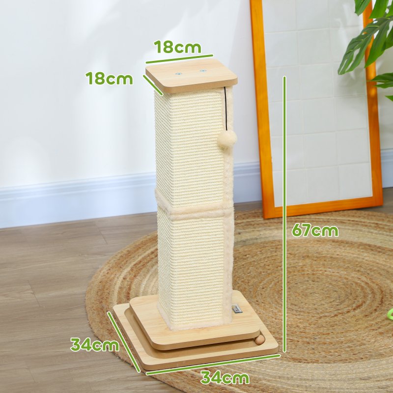 PawHut Cat Scratching Post, 67cm Cat Scratcher with Sisal Scratching Post, Track Ball Toy, Hanging Ball, 3 in 1 Cat Scratcher Post for Indoor Kittens