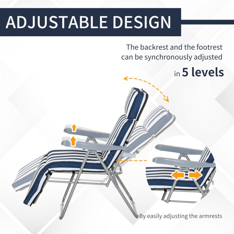 Outsunny Reclining Garden Chair Set of 2, 5-Level Adjustable Zero Gravity Chairs with Cushions, Folding Sun Lounger Garden Recliner Chairs with Armrests for Outdoor, Patio, Blue Stripe