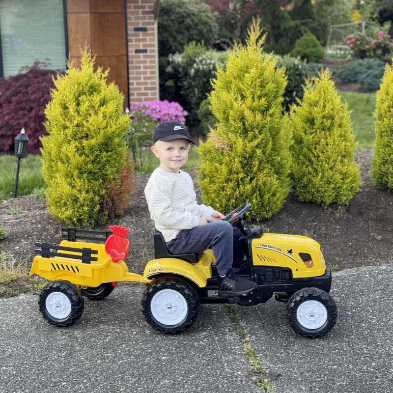 HOMCOM Pedal Go Kart, Kids Ride on Tractor with Back Trailer, Shovel & Rake, Horn, Four Wheels Tractor Toy for Child Toddler