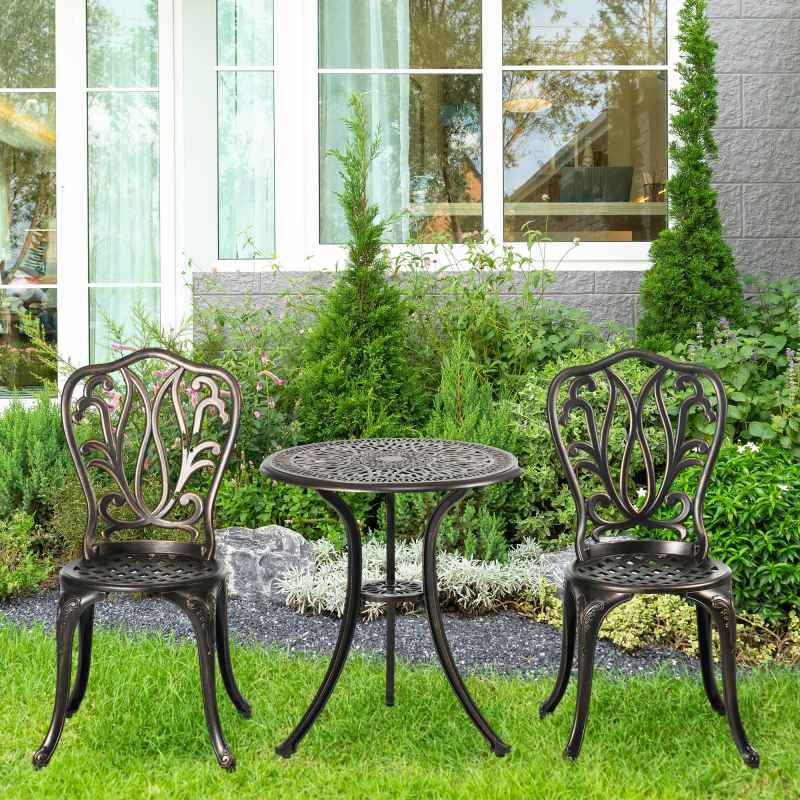 Outsunny 3 Piece Garden Bistro Set, Cast Aluminium Outdoor Furniture Set with Umbrella Hole for Balcony, Porch, Patio, Bronze Tone